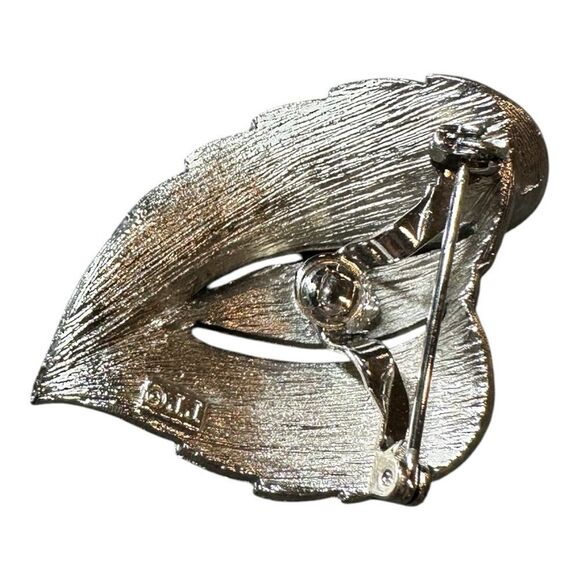 Vintage JJ Jonette stamped Brooch Pin Heart Silver Tone Leaf Textured Signed - Picture 6 of 7